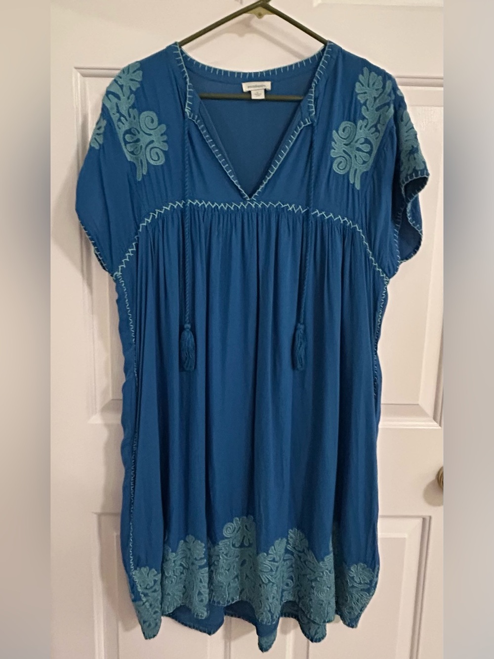Sundance Blue Embroidered V-Neck Tassel Tunic
